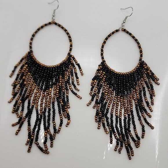 Black Boho Beaded Hoop Earrings - Picture 3 of 3